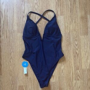 NEW Cupshe Navy Blue Open Back Strappy One Piece Swimsuit. Small. High cut.
